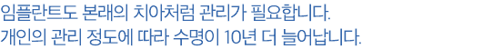 임플란트도 본래의 치아처럼 관리가 필요합니다. 개인의 관리 정도에 따라 수명이 10년 더 늘어납니다.